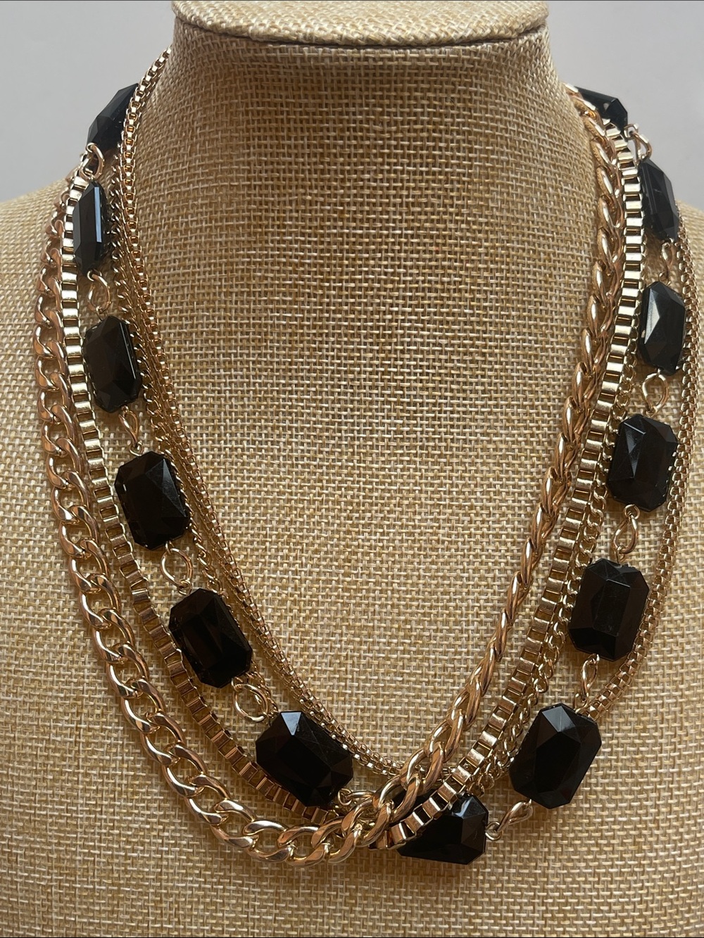 ICING gold-tone multi-strand and chunky black acrylic gem statement necklace